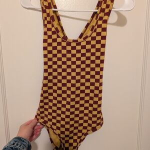 ARQ Checkerboard Scoop-Back Bodysuit in Maroon and Mustard